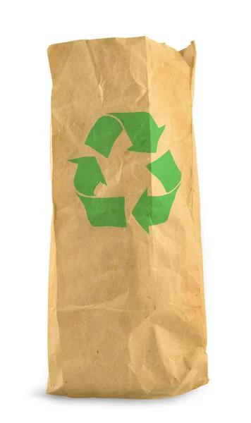 Braune Papiertüte und Recycling-Symbol — Stockfoto