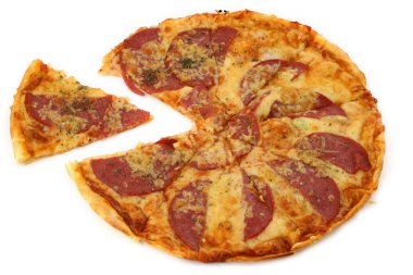 Pepperoni pizza with one piece out clipart