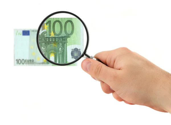 Hand magnifying 100 Euro note — Stock Photo, Image