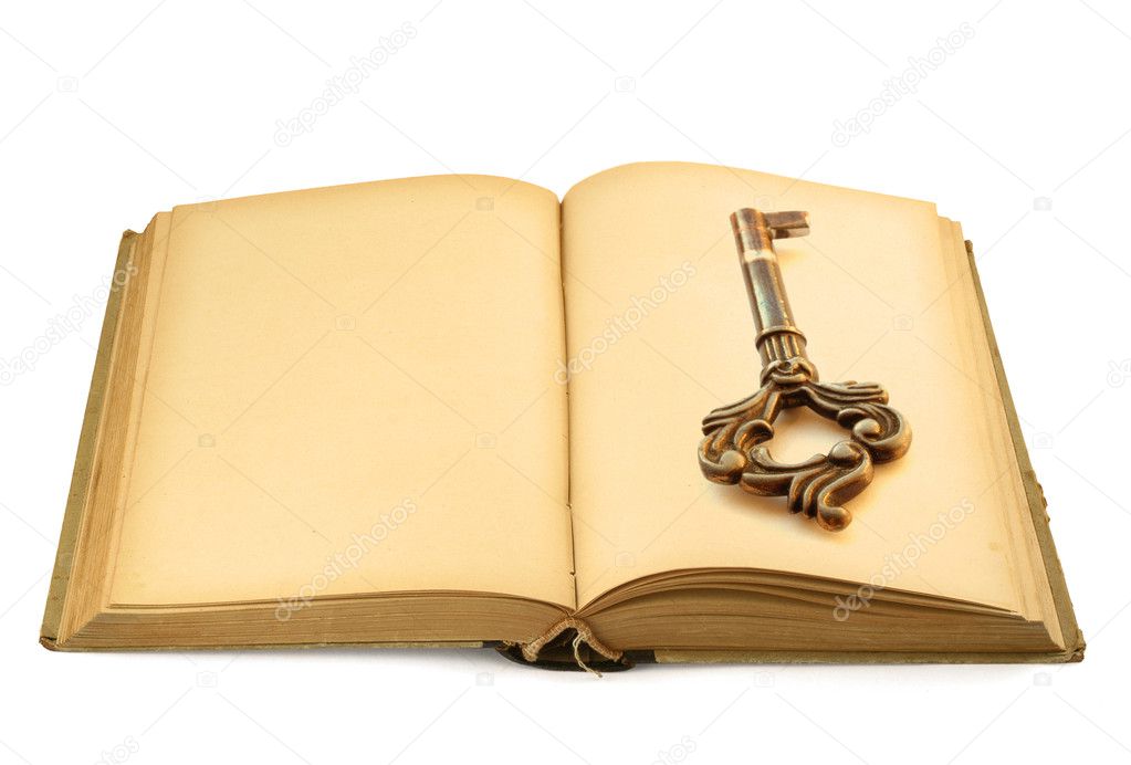 Open old book with key motif