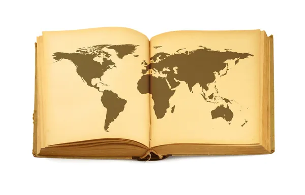 Карта мира в открытой книге — стоковое фото