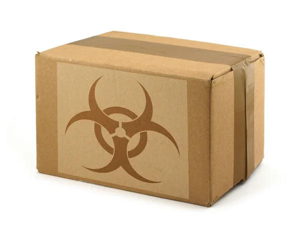 Biyolojik tehlike sembolü ile karton kutu — Stok fotoğraf