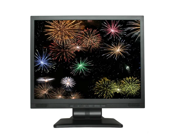 LCD-scherm met vuurwerk op wit — Stockfoto