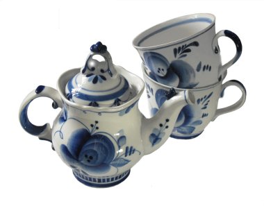 Brewing teapot and two cups from Gzhel clipart