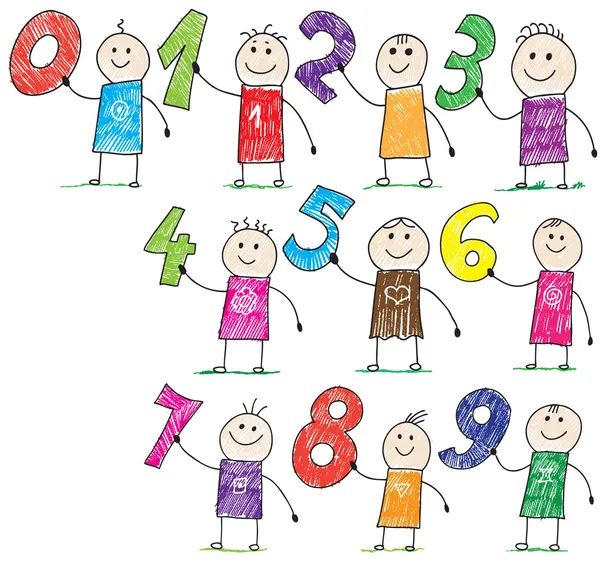 Doodle niños sosteniendo números básicos — Vector de stock