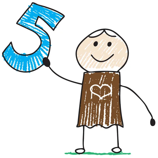 Doodle παιδί κρατώντας αριθμό πέντε — Διανυσματικό Αρχείο