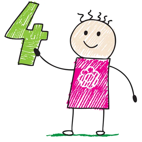 Doodle niño sosteniendo el número cuatro — Archivo Imágenes Vectoriales