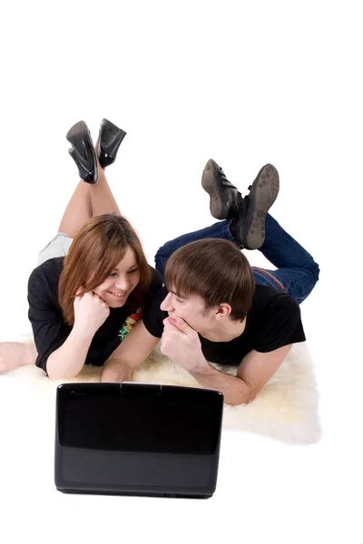 Romantic couple working on laptop — Stock Photo, Image
