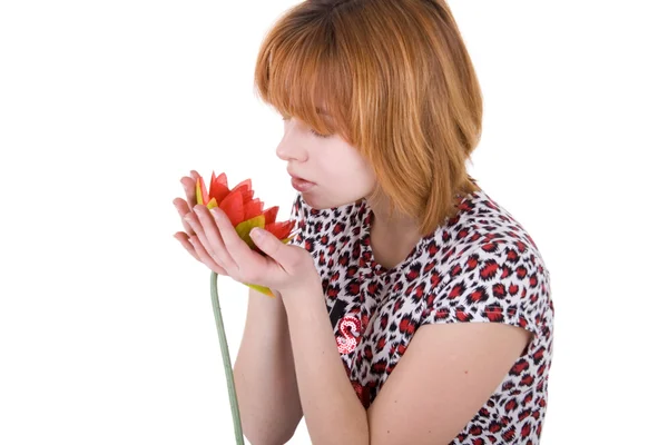 Dívka držící květinu — Stock fotografie