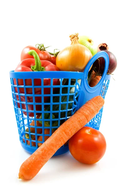 Blaue Plastik-Einkaufstasche mit Lebensmittelgeschäft — Stockfoto