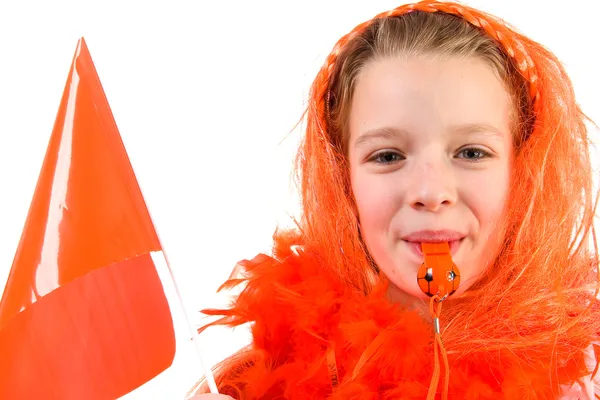 女孩摆在橙色的装备 — 图库照片