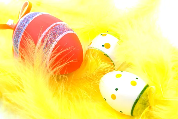Easter eggs and yellow feathers — Stock Photo, Image