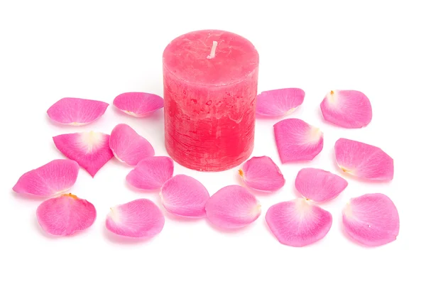 Pink candle and rose leaves — Stock Photo, Image