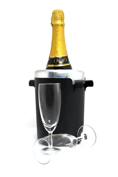 Champagne bottle in cooler — Stock Photo, Image