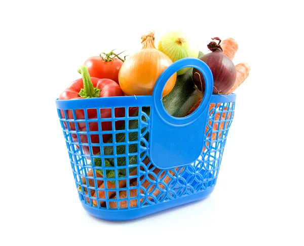 Blå plast shoppingväska med livsmedelsbutiker — Stockfoto