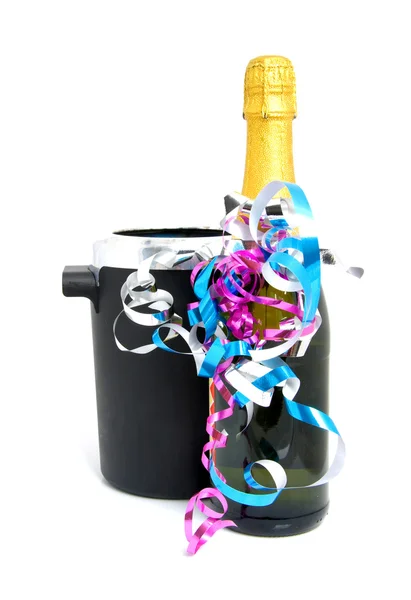 Festive champagne next to cooler — Stock Photo, Image