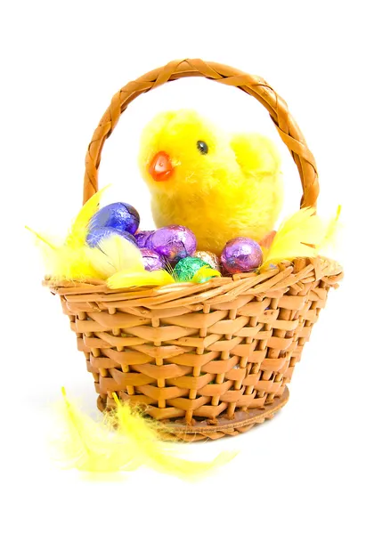 Cane basket with chocolate easter eggs — Stock Photo, Image