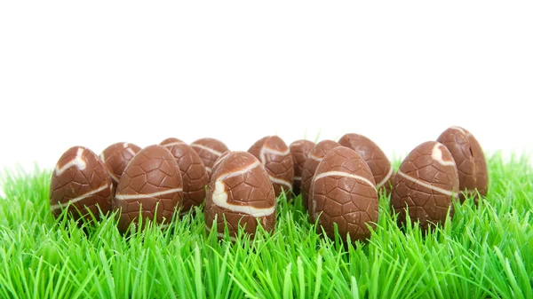 在草丛中的巧克力复活节彩蛋。 — 图库照片