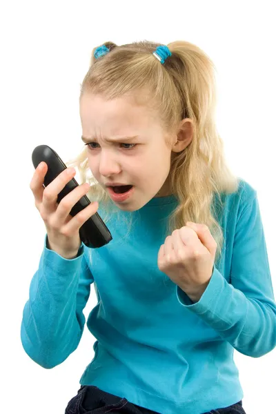 Το κορίτσι είναι angy στο τηλέφωνο — Φωτογραφία Αρχείου
