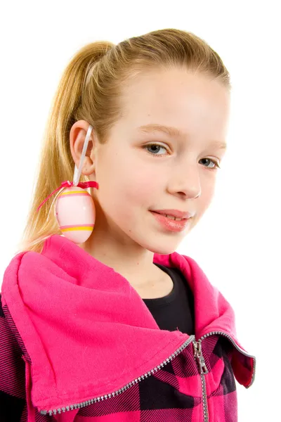 Girl with easter egg as earring — Stock Photo, Image