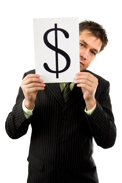 Business man is holding dollar mark — Stock Photo, Image