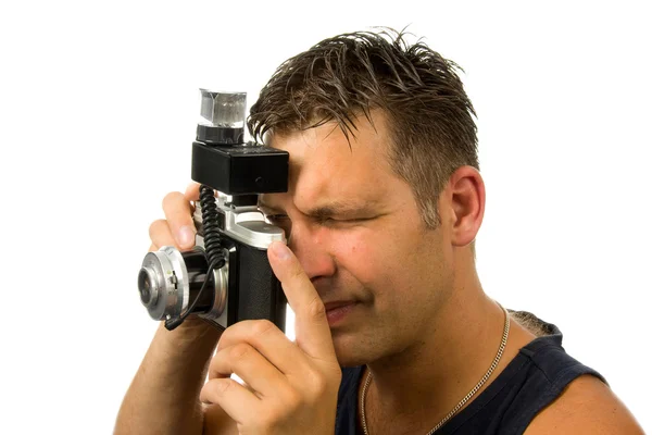 Man with old fashioned photo camera — Stock Photo, Image