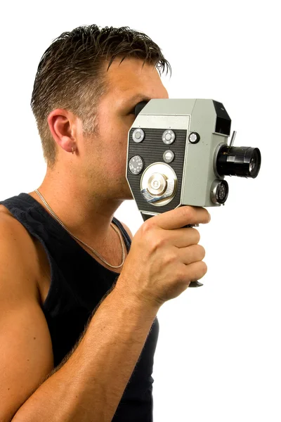 오래 된 구식된 필름 카메라를 가진 남자 — 스톡 사진