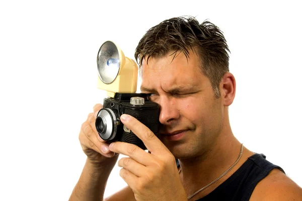 Az ember a régi vágású fényképezőgép — Stock Fotó