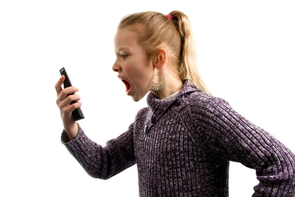 Menina está com raiva no telefone — Fotografia de Stock