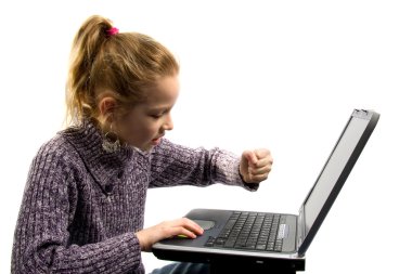 Young girl is angy with laptop clipart