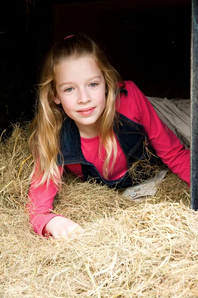 Girl situated in hay — Stock Photo, Image