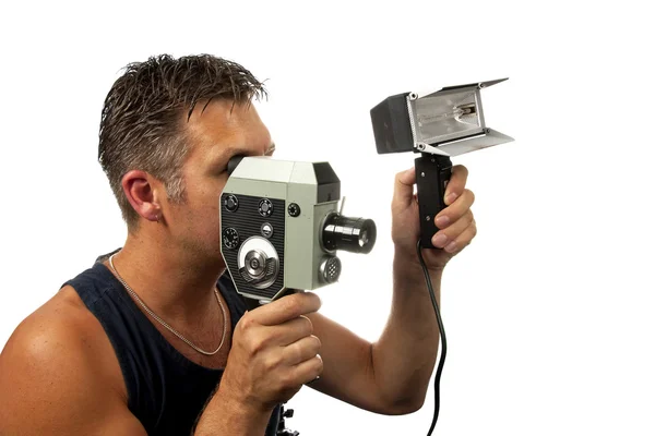 Uomo con vecchia macchina fotografica di film di moda — Foto Stock