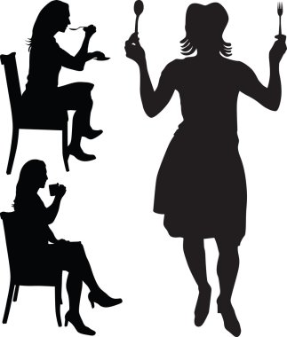 Woman eat and drink silhouette vector clipart