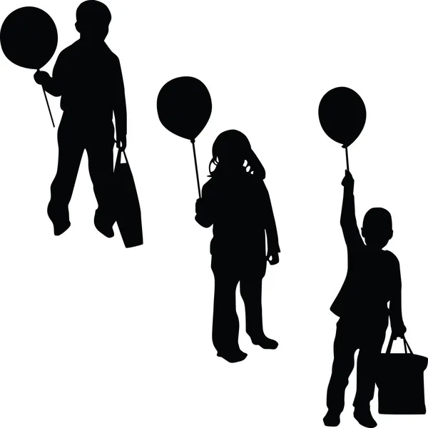 Niños con globo silueta vector — Vector de stock