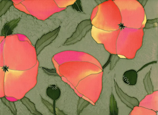 緑の背景に赤の poppiess — ストック写真