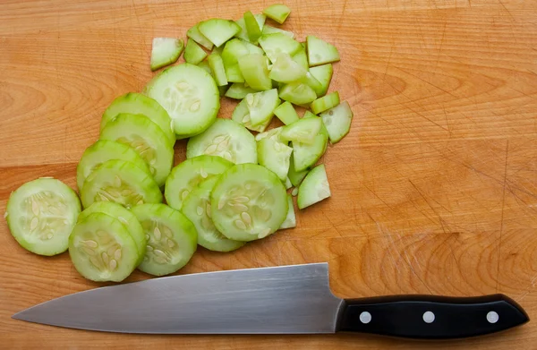 Cucumber Slices Knife On Cutting Board Stock Picture