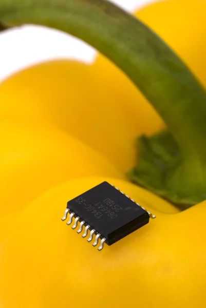 Yellow pepper with microchip — Stock Photo, Image