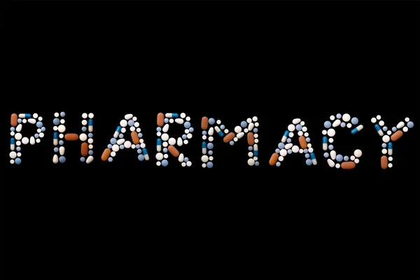 Farmácia palavra escrita com pílulas — Fotografia de Stock