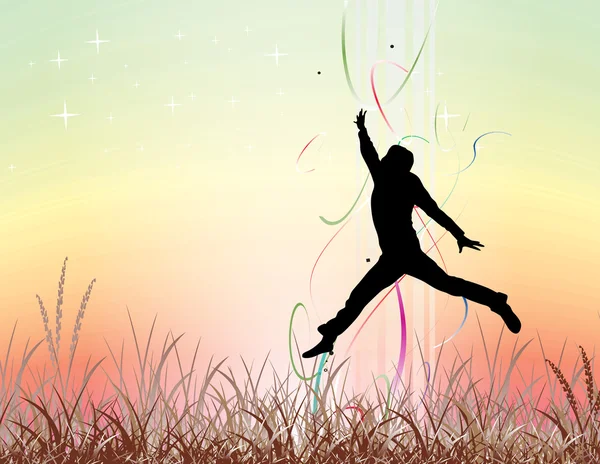 Young man jumping on the field — Stock Vector