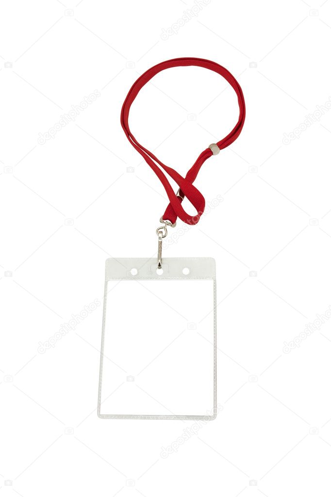 Security ID pass on a red lanyard.