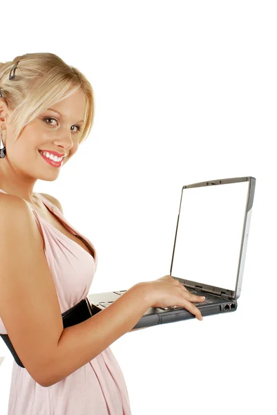 Vonzó női gazdaság laptop — Stock Fotó