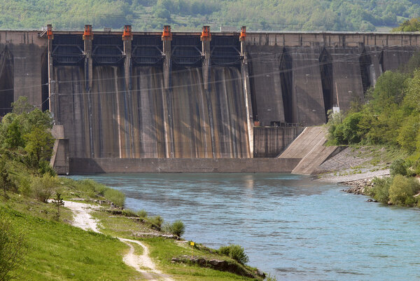 Close up image of a water barrier dam