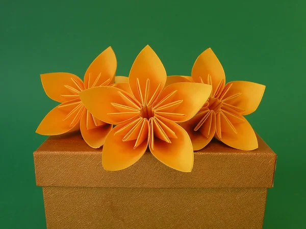 Caixa de presente e flores de origami — Fotografia de Stock