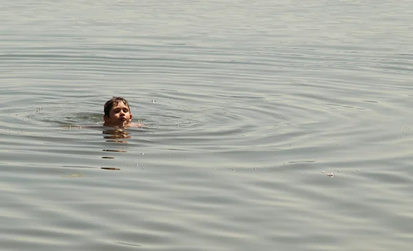 Lille dreng svømmer i floden - Stock-foto