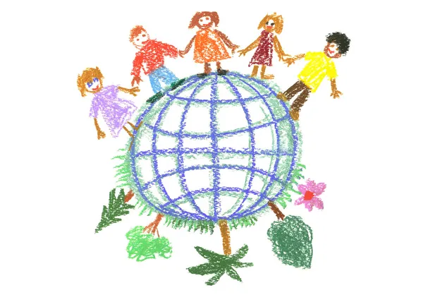 Barnets ritning med globe — Stockfoto