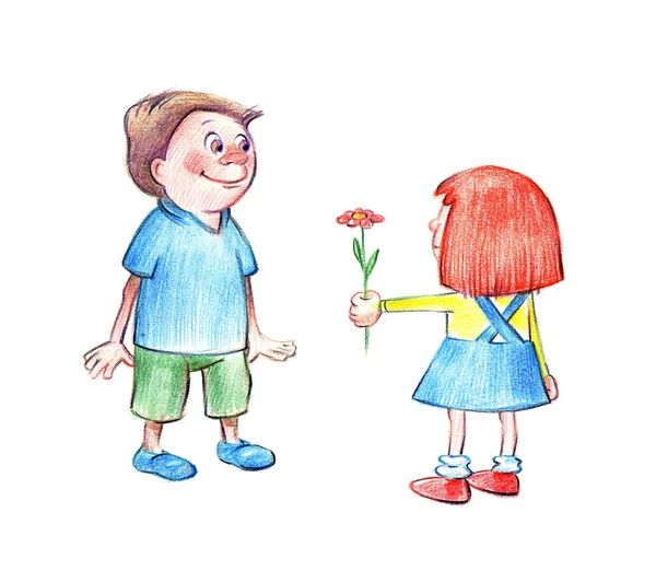 Маленька дівчинка дарує квітку хлопчикові Стокове Зображення