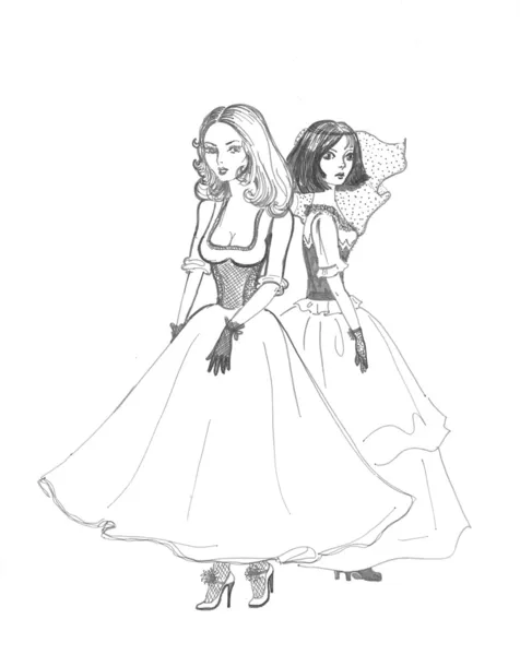 Schoonheid zwarte en witte meisjes in jurken — Stockfoto