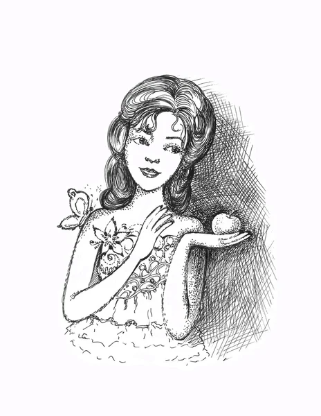 Κορίτσι με μήλο και πεταλούδα — Φωτογραφία Αρχείου