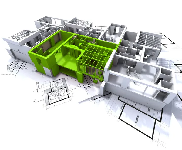 Green apartment mockup on blueprints — Stock Photo, Image