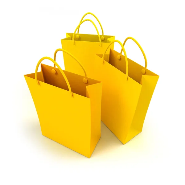 Amarelo sacos de compras trio — Fotografia de Stock
